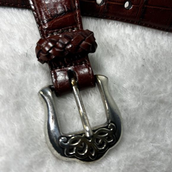 Vintage 1996 Brighton Brown Embossed Leather Belt Sz S Silver Metal Edges Buckle - Picture 8 of 15